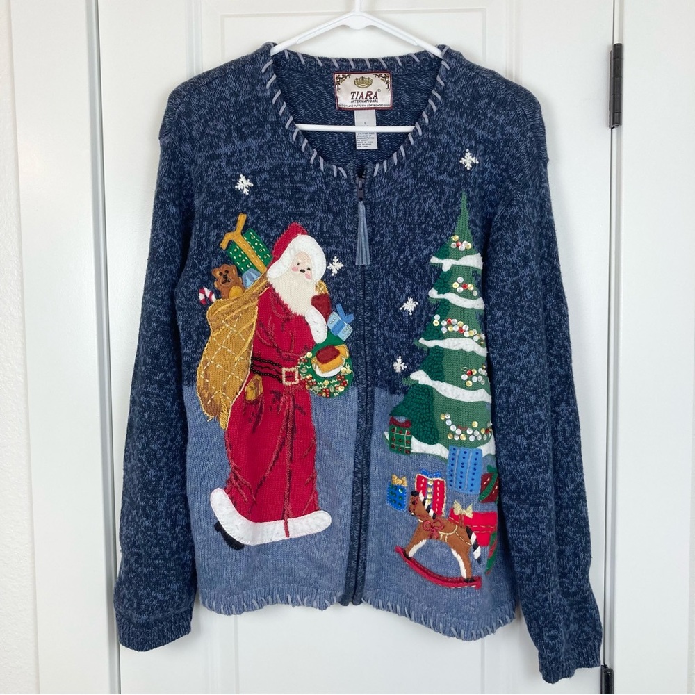 Tiara International Knit Christmas Full Zip Novelty Sweater Santa Womens Large